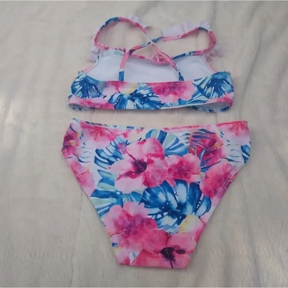 Cute girls pink white blue floral flowers x back bikini ruffles swim suit summer